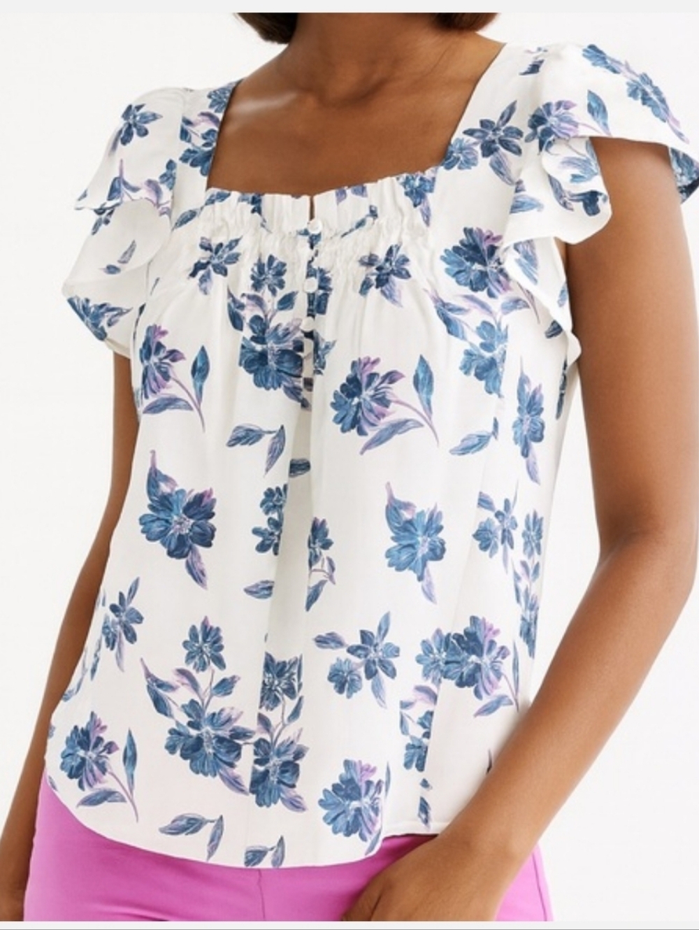 🆕Draper James RSVP Square Neck Flutter Sleeve Top White Blue Floral Size Small